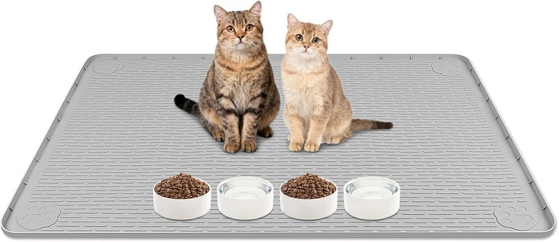 Lanstics Cat Food Mat, 40" x 28" Large Silicone Mat Cat Feeding Mat with Raised Edge Non-Slip Pet Feeding Mat for Food and Water Bowl, Easy to Clean, Floor Protection (Gray) - Image 1